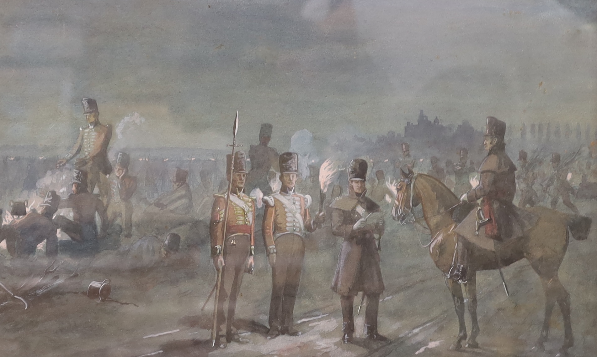 Richard Simkin (1840-1926), watercolour, ‘’The First Regiment of Foot Guards, the night before Waterloo, 17th June, 1815’’, signed, 26 x 40cm